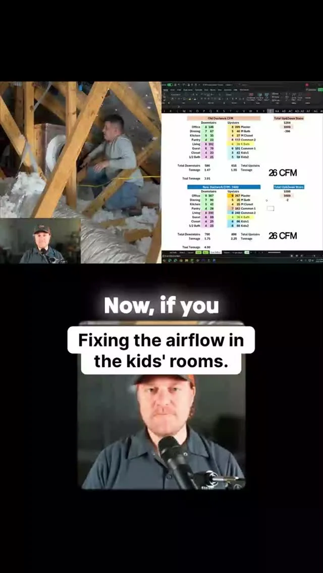 Atlas technician working in an attic during an airflow upgrade, still from its project video.