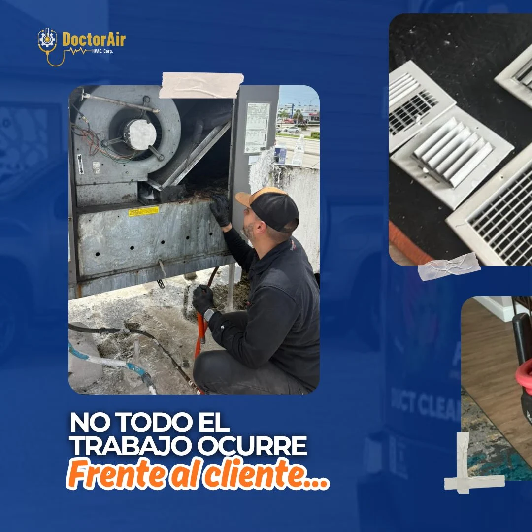 Doctor Air technician servicing internal air-conditioning equipment.