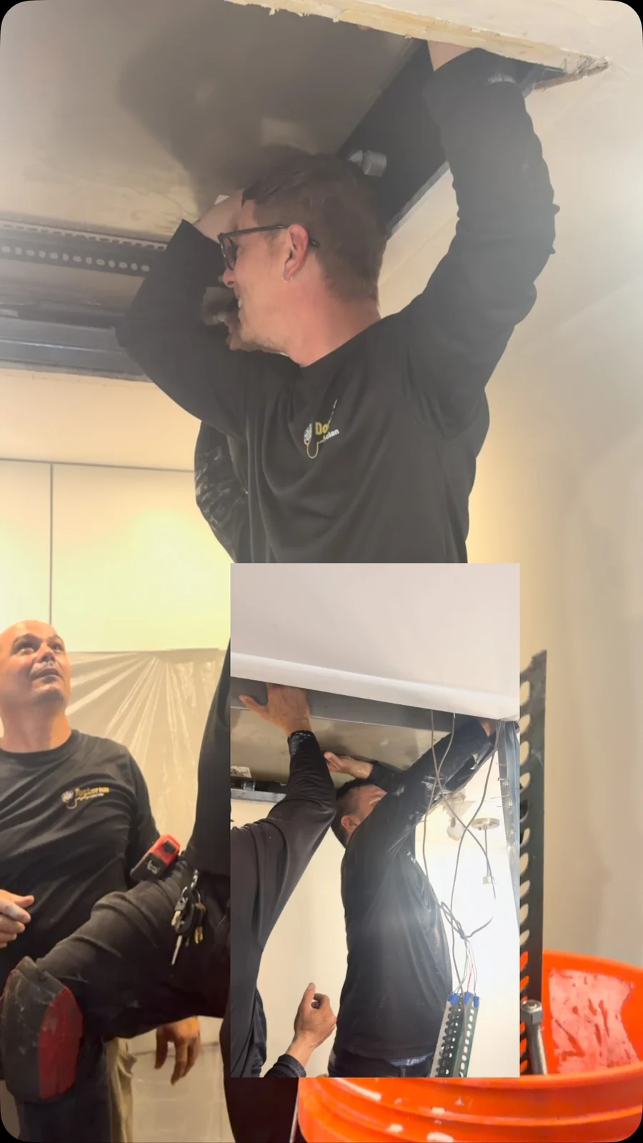 Doctor Air technicians working on a ceiling HVAC system — Instagram video still.