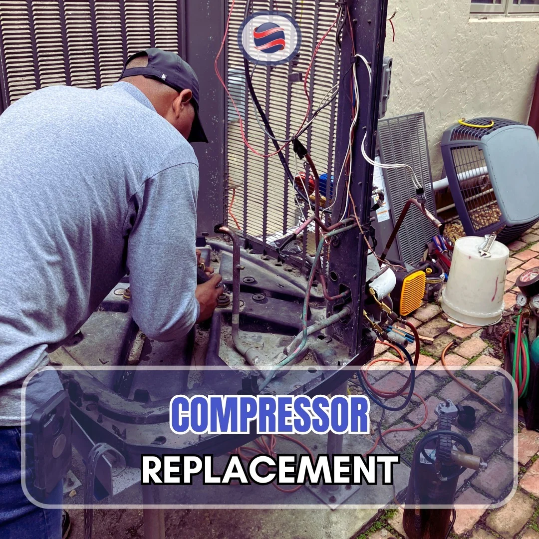 Flow-Tech technician replacing an air-conditioning compressor.