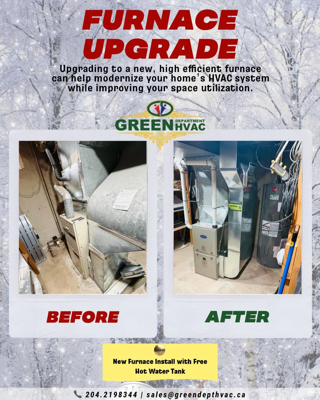 Green Department furnace replacement before-and-after photographs.