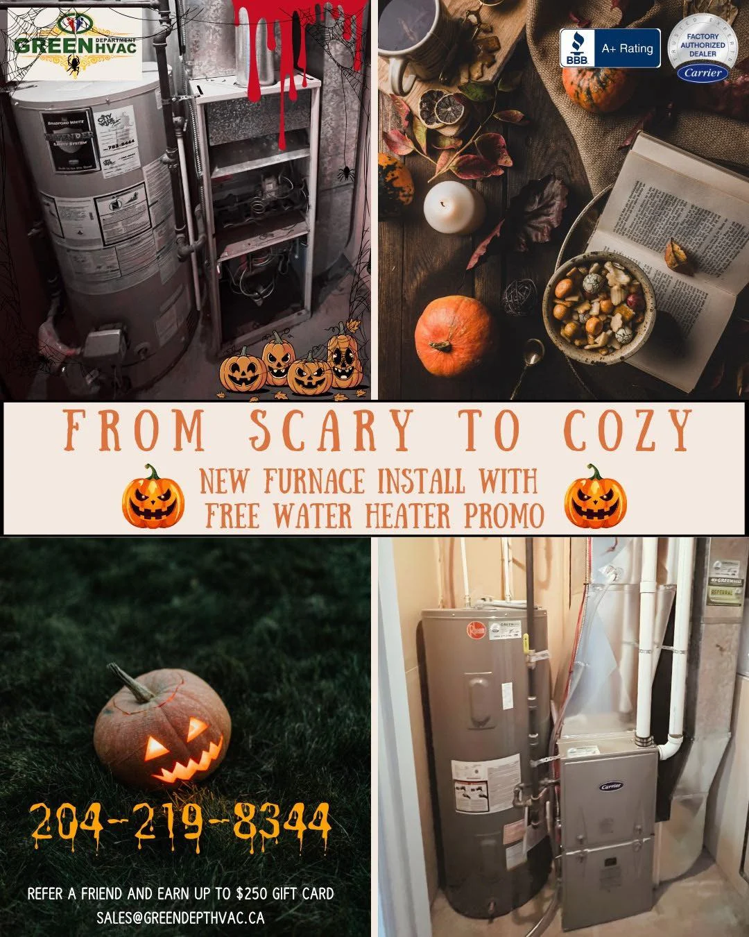 Green Department furnace and water-heater installation photographs.