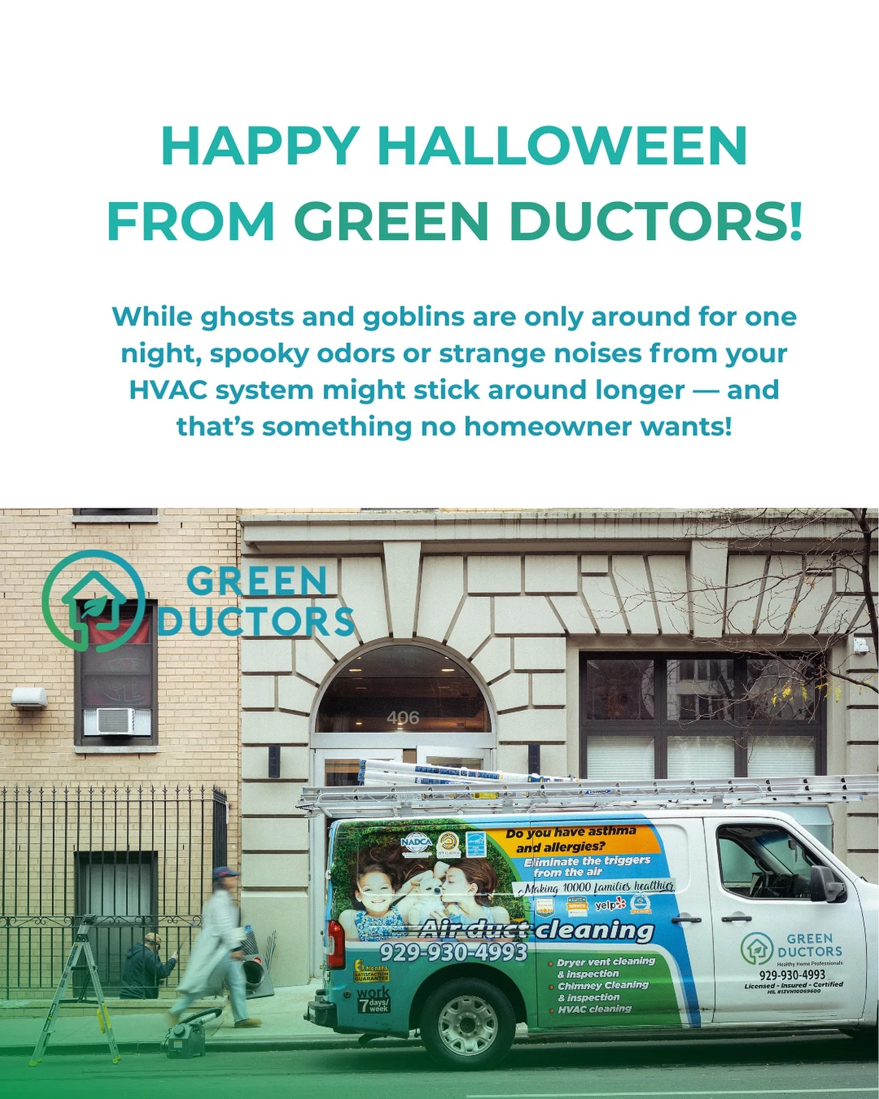 Green Ductors branded service van outside a property.
