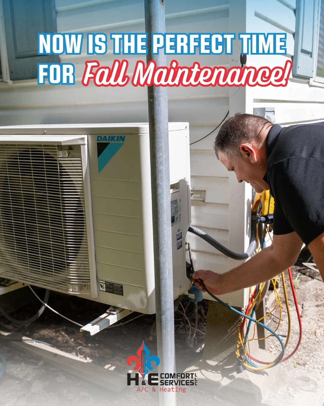H & E technician servicing an outdoor air-conditioning system
