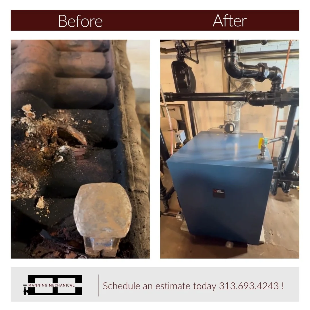 Detroit boiler installation before and after (Instagram video still)