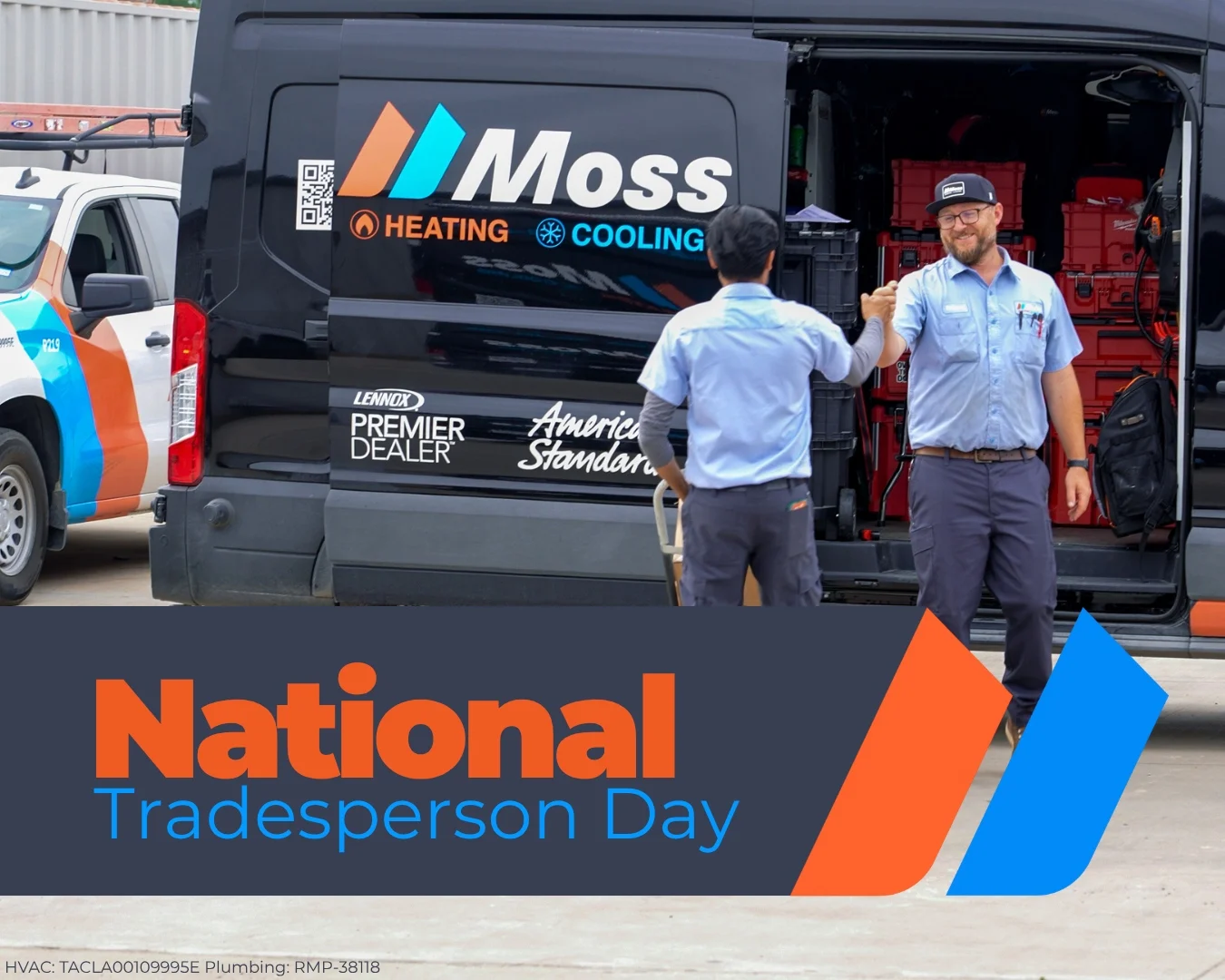 Moss technicians beside a branded service van