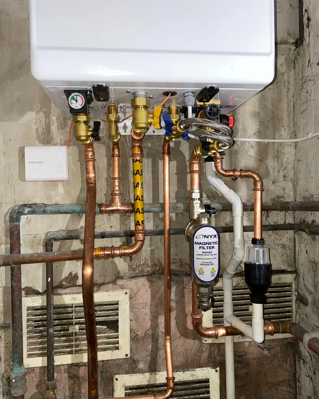 Completed boiler installation and copper pipework in Vauxhall, Liverpool.