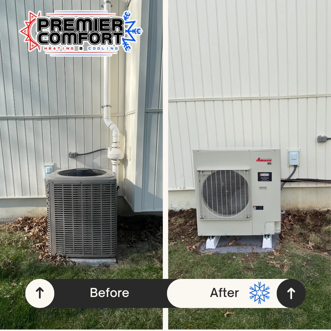Before-and-after air-conditioning replacement published by Premier Comfort.
