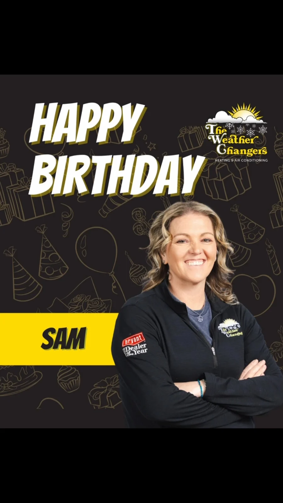 Samantha in the company birthday post (Instagram video still)