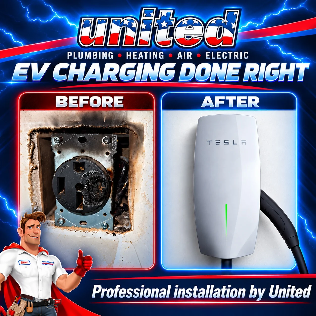 Electrical outlet and EV charger before-and-after project shared by United.